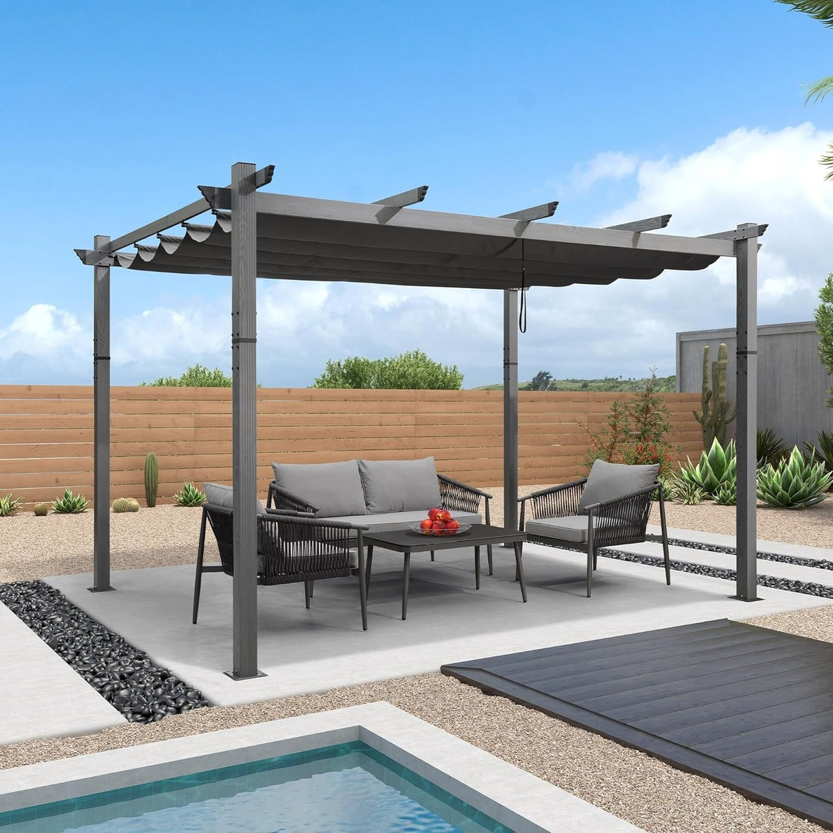 PURPLE LEAF Outdoor Retractable Aluminum Pergola Grey Wood Grain Frame Gazebo w Lights
