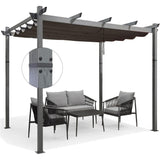 PURPLE LEAF Outdoor Retractable Aluminum Pergola Grey Wood Grain Frame Gazebo w Lights