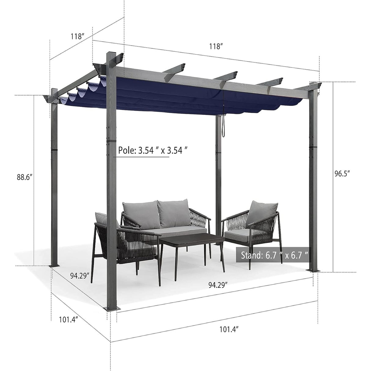 PURPLE LEAF Outdoor Retractable Aluminum Pergola Grey Wood Grain Frame Gazebo w Lights