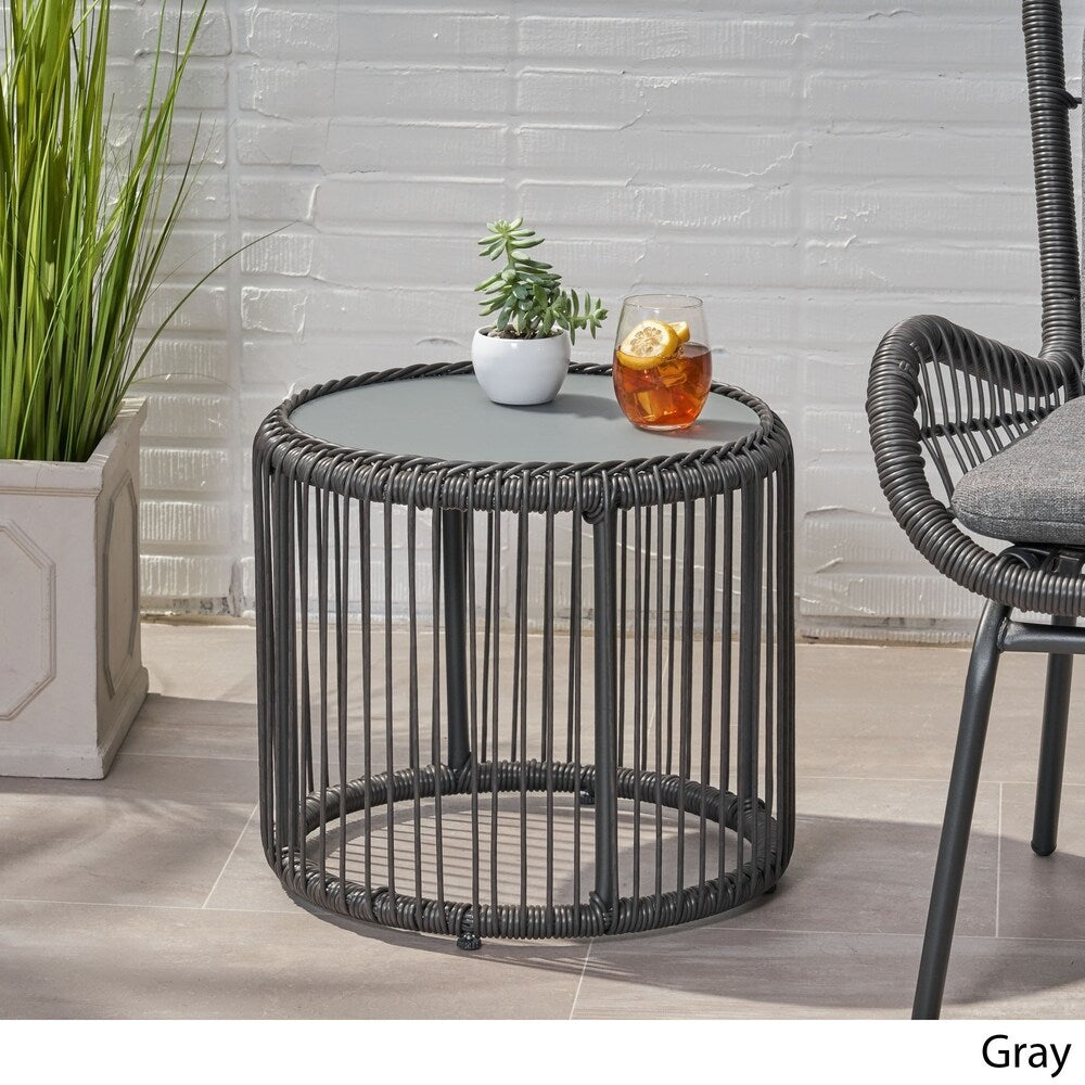 Pabrico Outdoor Wicker Side Table with Tempered Glass Top by Christopher Knight Home