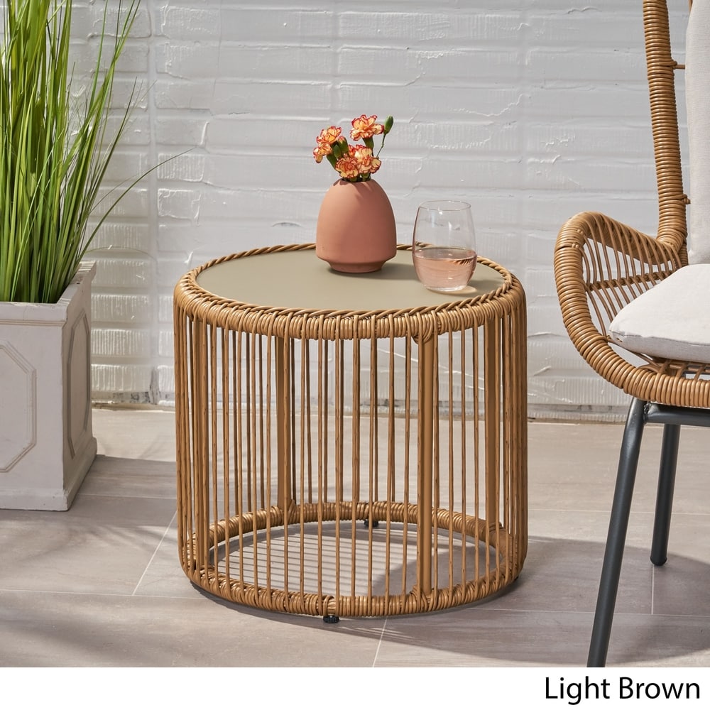 Pabrico Outdoor Wicker Side Table with Tempered Glass Top by Christopher Knight Home