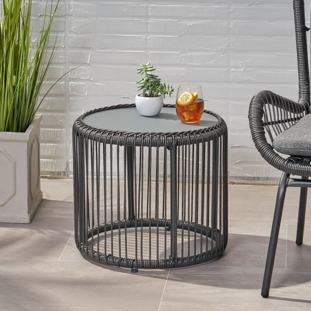 Pabrico Outdoor Wicker Side Table with Tempered Glass Top by Christopher Knight Home