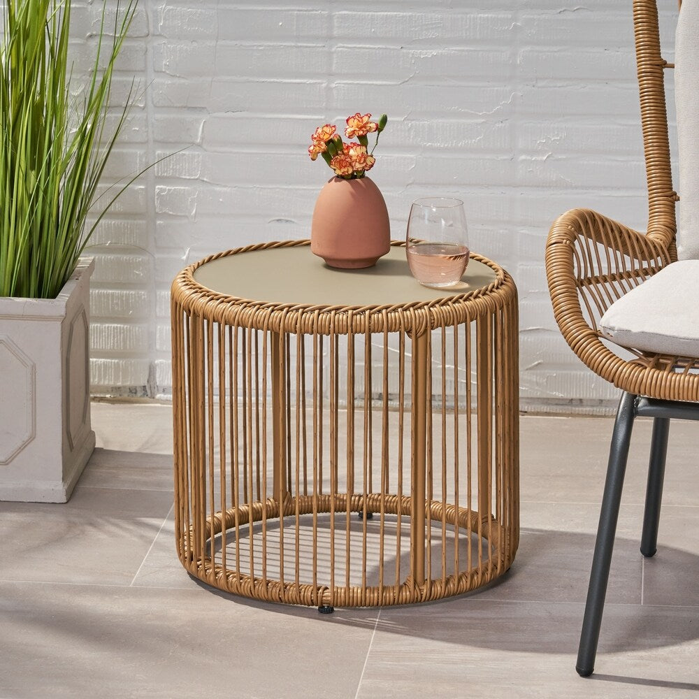 Pabrico Outdoor Wicker Side Table with Tempered Glass Top by Christopher Knight Home