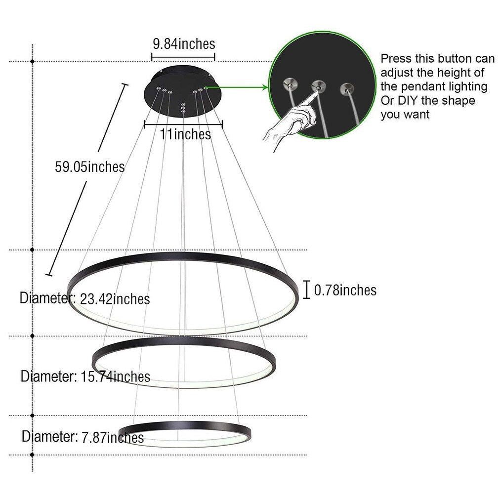 Modern Painted Black 3 Rings LED Pendant Light Fixture