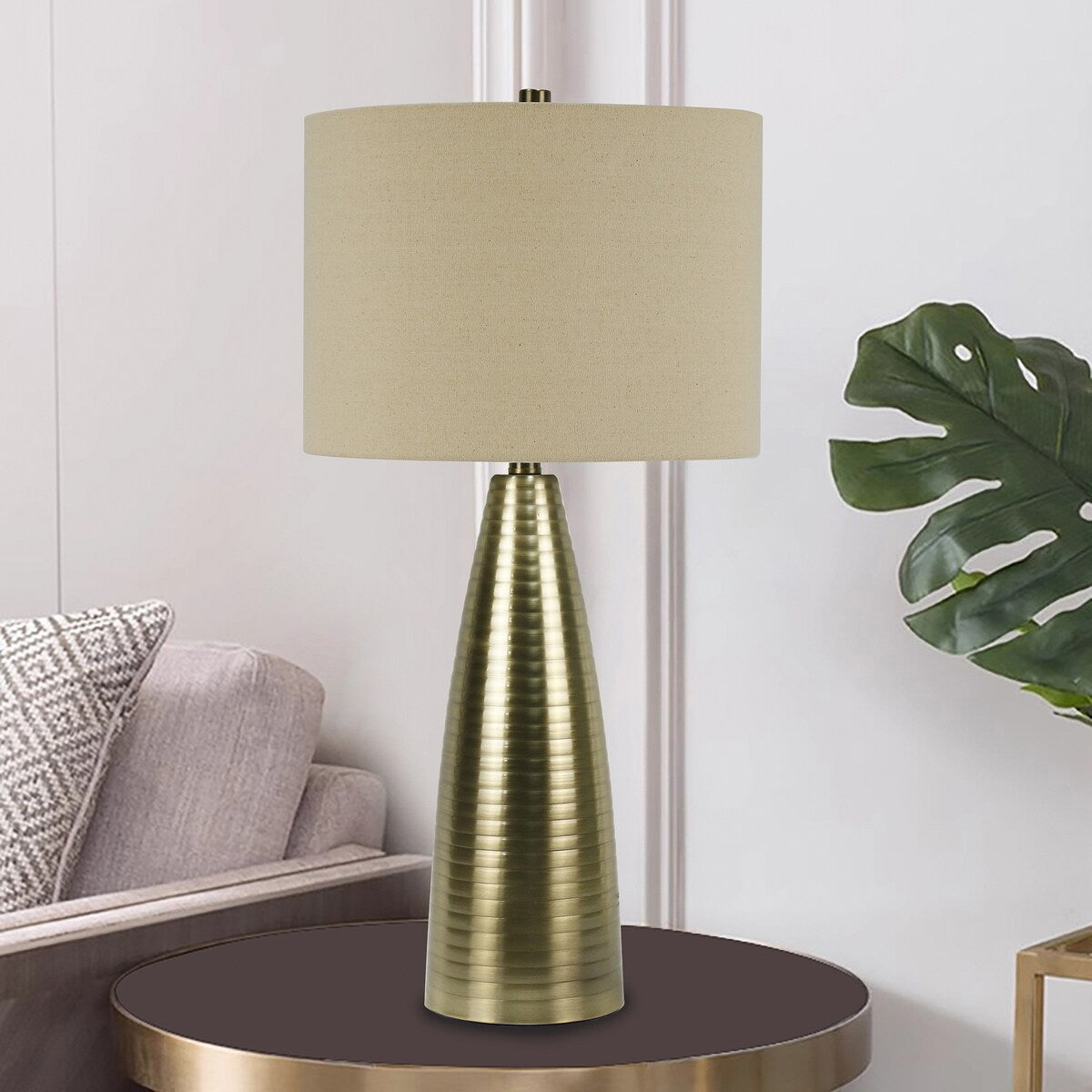 Pair of 28in Tapered Ribbed Metal Cylinder Table Lamps - 28