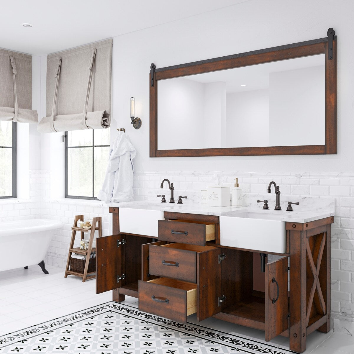 Paisley Double Sink Carrara Marble Countertop Vanity with Barn Mirror