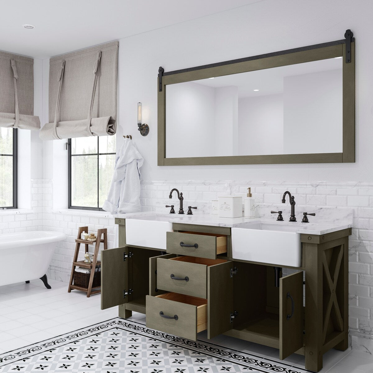Paisley Double Sink Carrara Marble Countertop Vanity with Barn Mirror