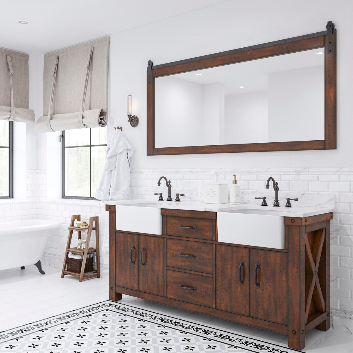 Paisley Double Sink Carrara Marble Countertop Vanity with Barn Mirror