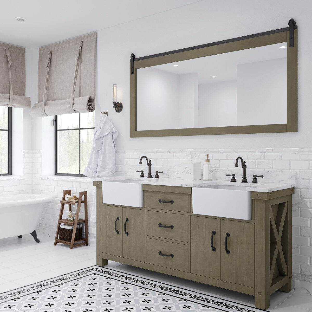 Paisley Double Sink Carrara Marble Countertop Vanity with Barn Mirror