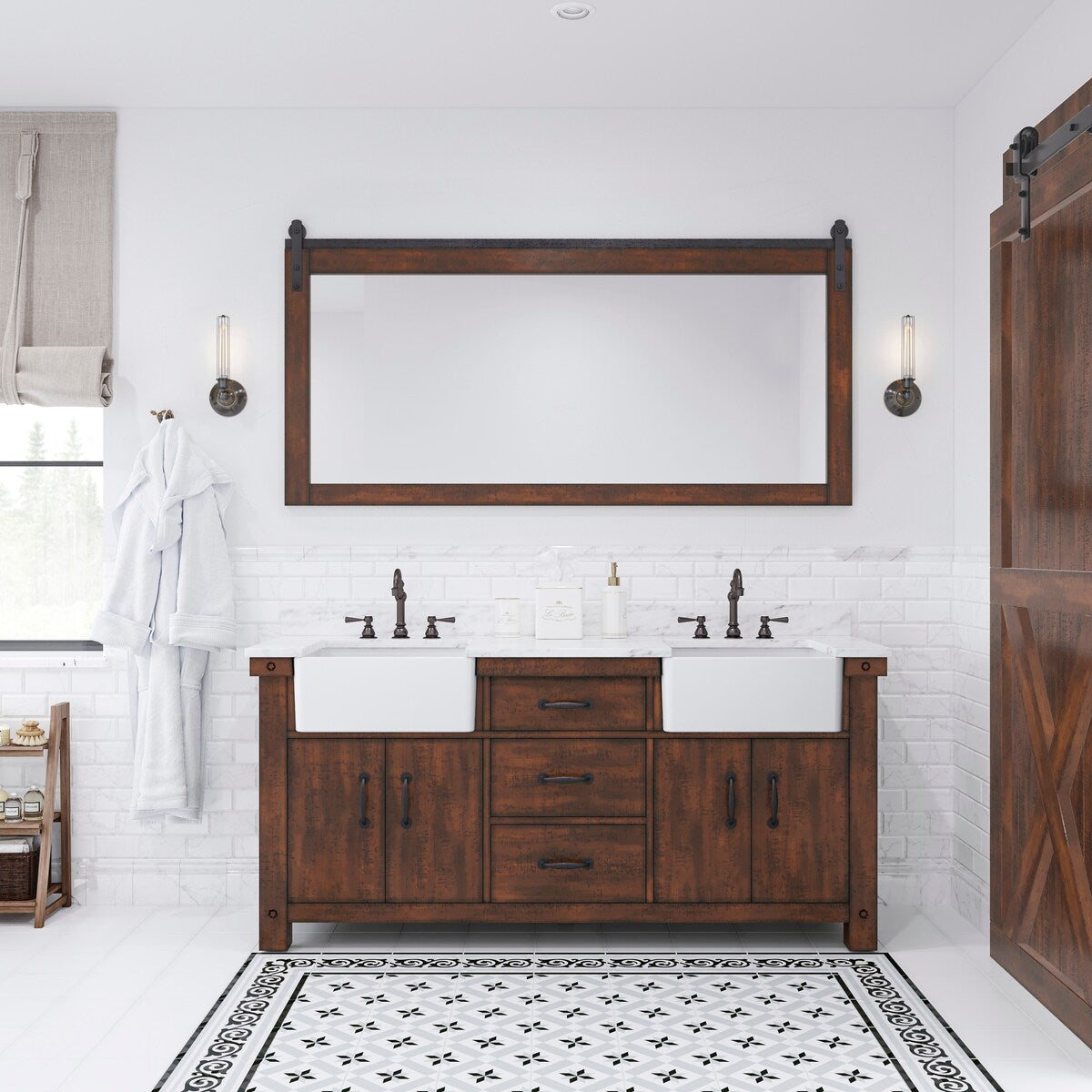Paisley Double Sink Carrara Marble Countertop Vanity with Barn Mirror
