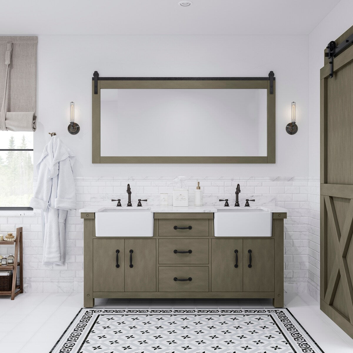 Paisley Double Sink Carrara Marble Countertop Vanity with Barn Mirror