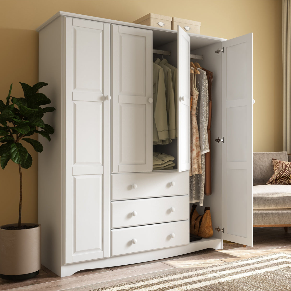 Palace Imports 100% Solid Wood Family 4-Door Wardrobe Armoire with Metal or Wooden Knobs