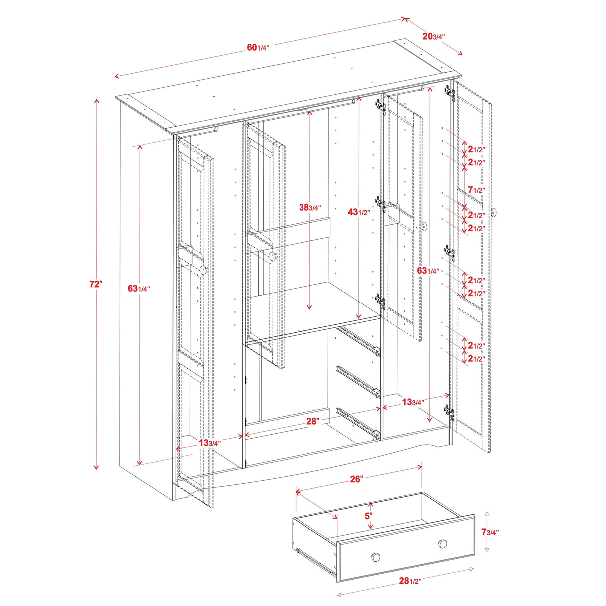 Palace Imports 100% Solid Wood Family 4-Door Wardrobe Armoire with Metal or Wooden Knobs