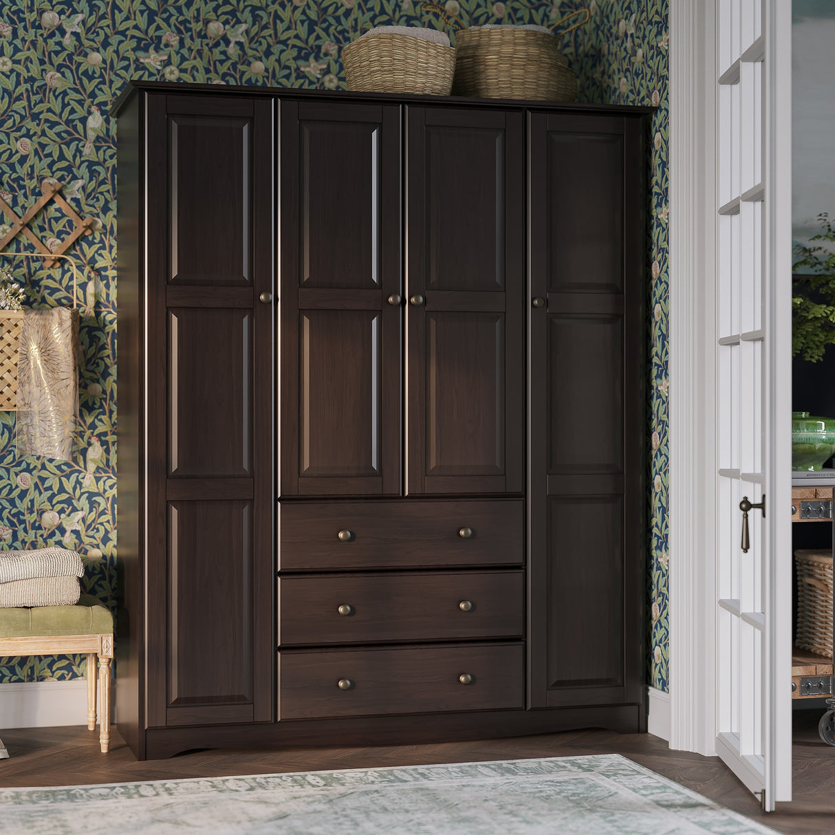 Palace Imports 100% Solid Wood Family 4-Door Wardrobe Armoire with Metal or Wooden Knobs