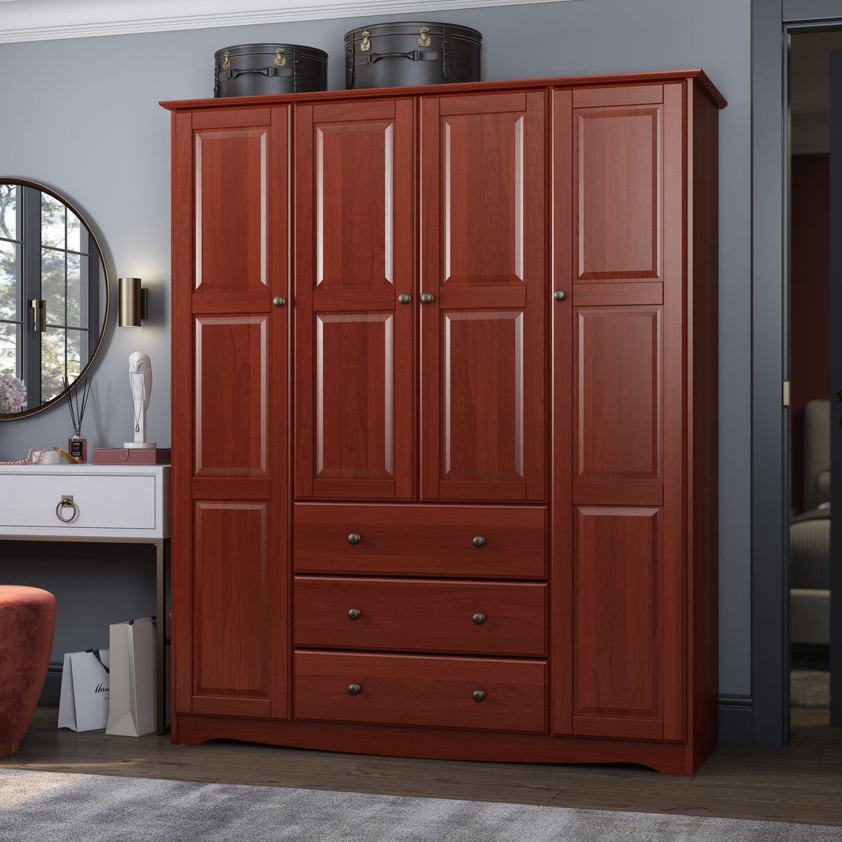Palace Imports 100% Solid Wood Family 4-Door Wardrobe Armoire with Metal or Wooden Knobs