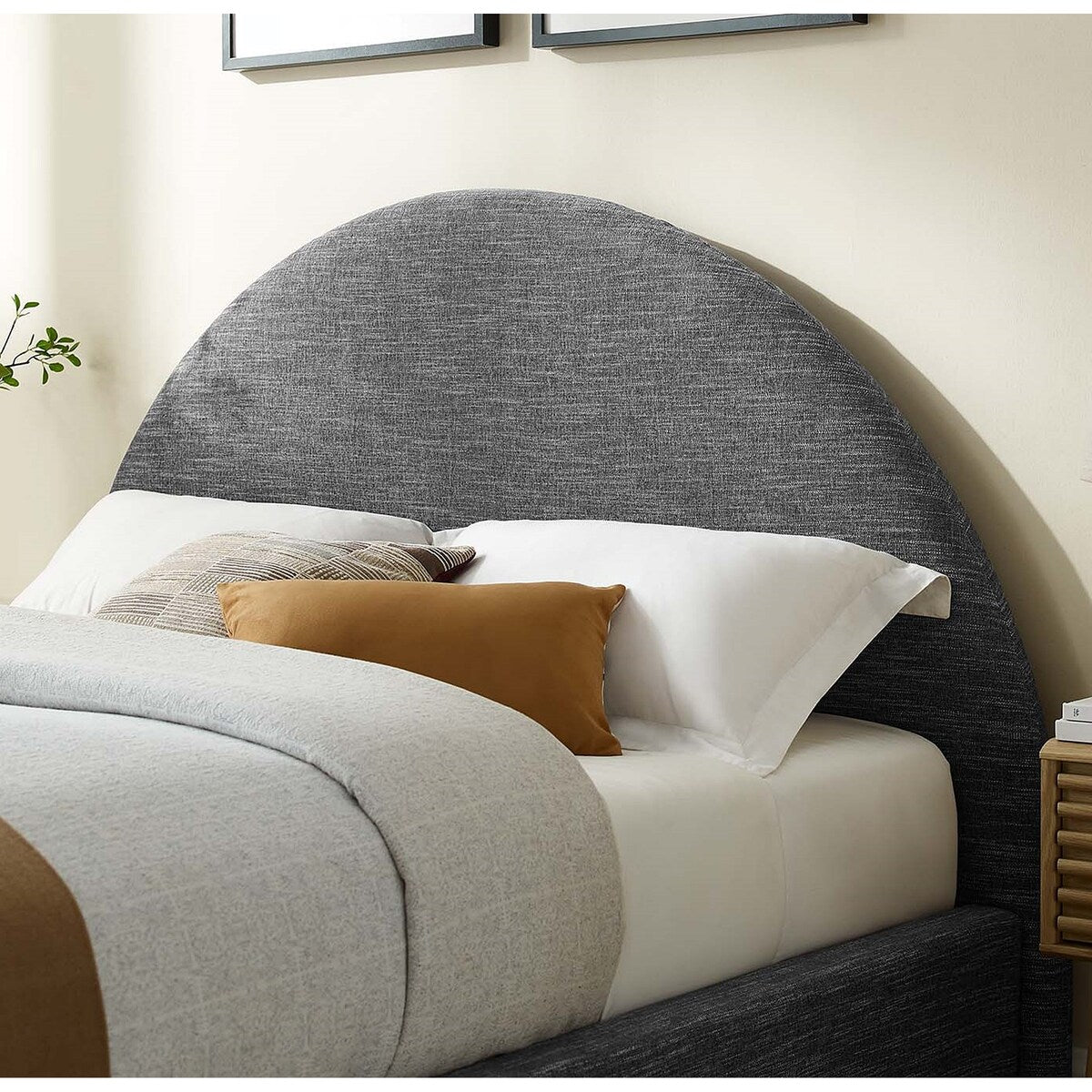 Palmetto Modern Round Headboard Slate Fabric Upholstered King Size Platform Bed