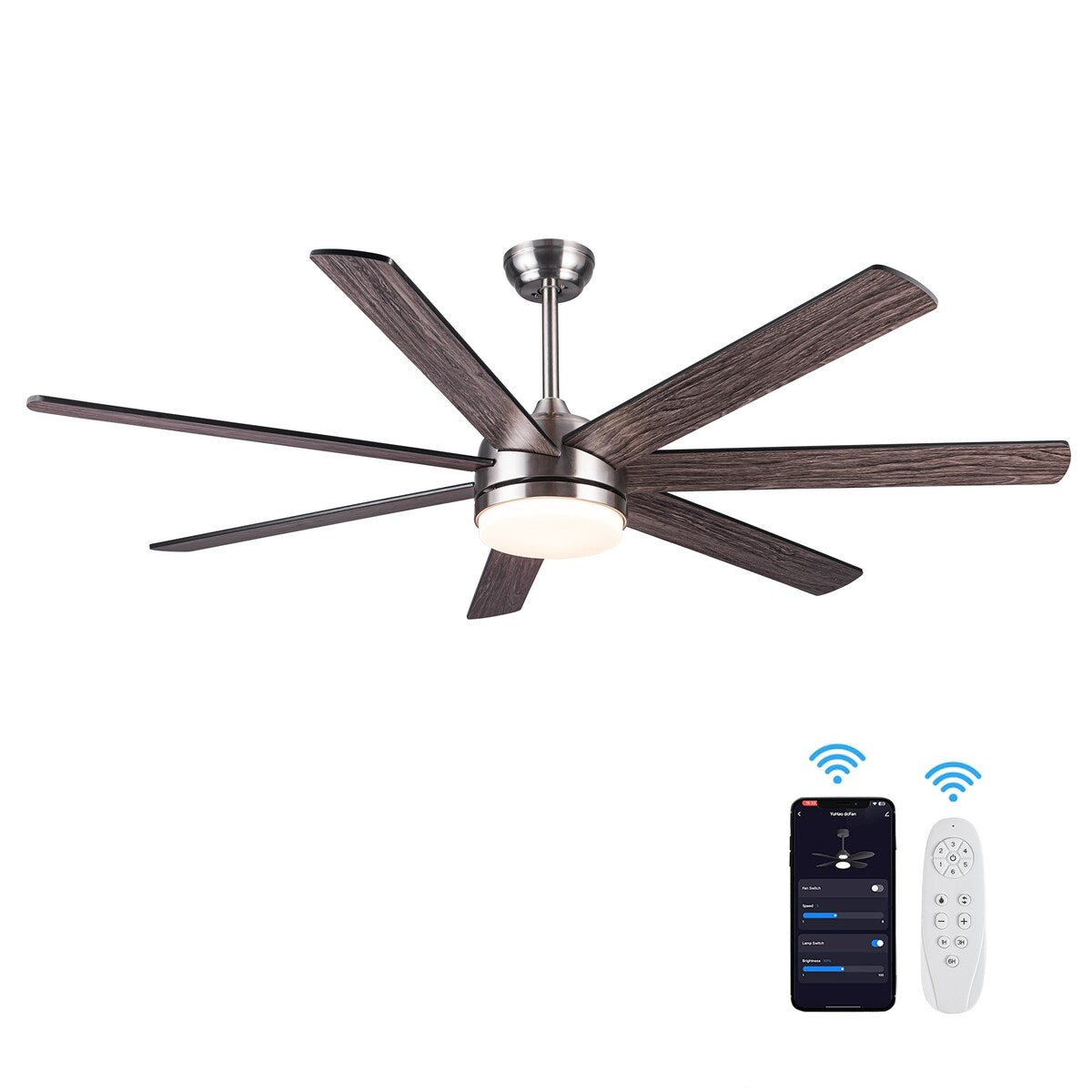 Paname 62 in. Indoor Brushed Nickel Farmhouse Smart Ceiling Fan with Integrated LED and Remote Control by Tuya App - 62 INCHES