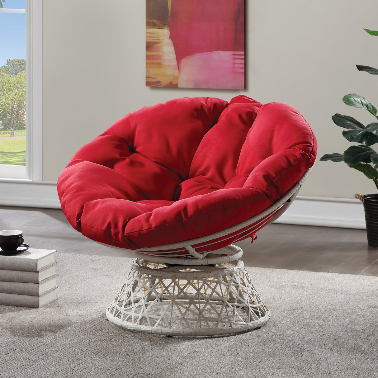 Papasan Chair with Round Pillow Cushion and Cream Wicker Weave