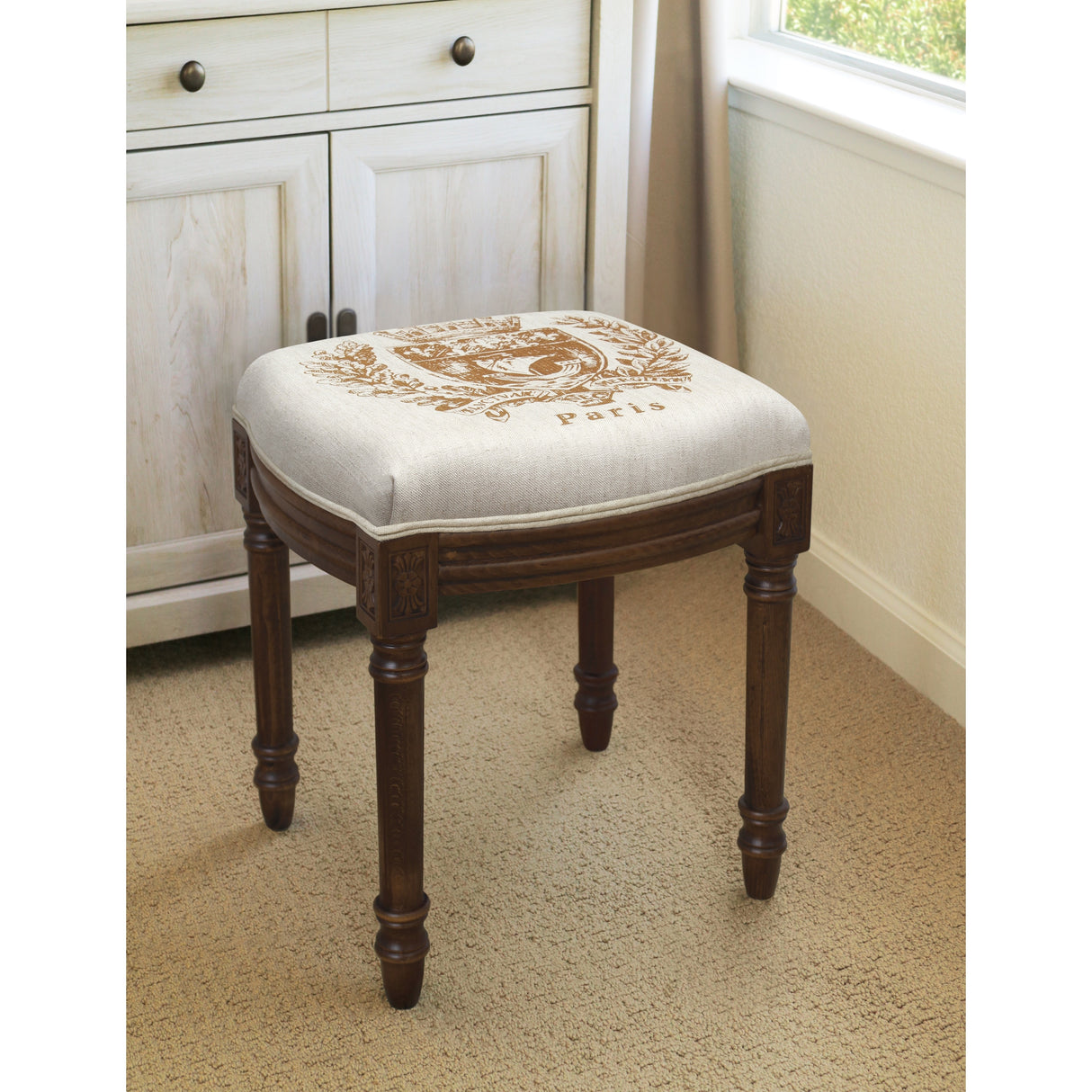 Paris Crest Chestnut Brown Wood/Linen Vanity Stool