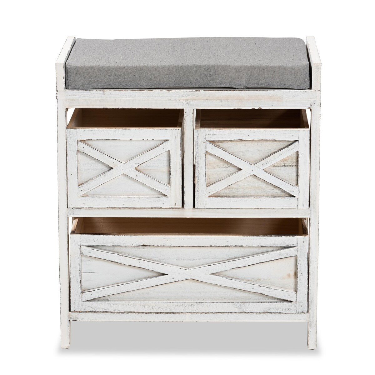 Parra Farmhouse 3-Drawer Whitewashed Wood Storage Bench w/ Upholstery