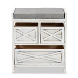 Parra Farmhouse 3-Drawer Whitewashed Wood Storage Bench w/ Upholstery