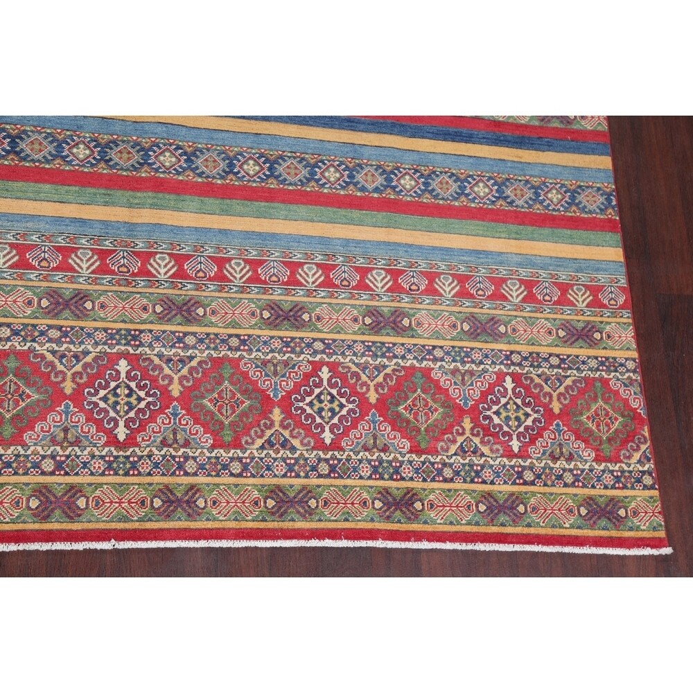 Pastel Color Stripe Super Kazak Geometric Oriental Area Rug Handmade - 9'2" x 11'8"