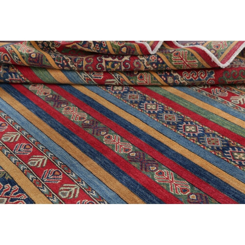 Pastel Color Stripe Super Kazak Geometric Oriental Area Rug Handmade - 9'2" x 11'8"