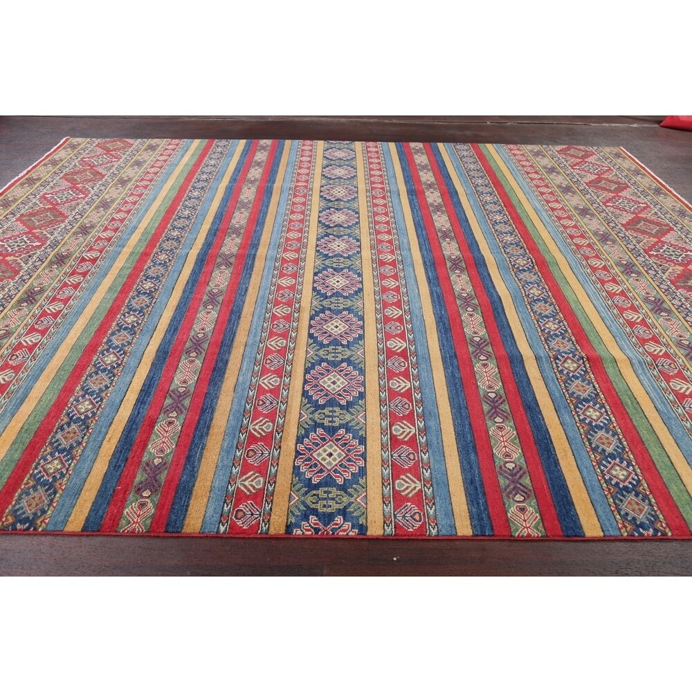 Pastel Color Stripe Super Kazak Geometric Oriental Area Rug Handmade - 9'2" x 11'8"