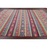 Pastel Color Stripe Super Kazak Geometric Oriental Area Rug Handmade - 9'2" x 11'8"
