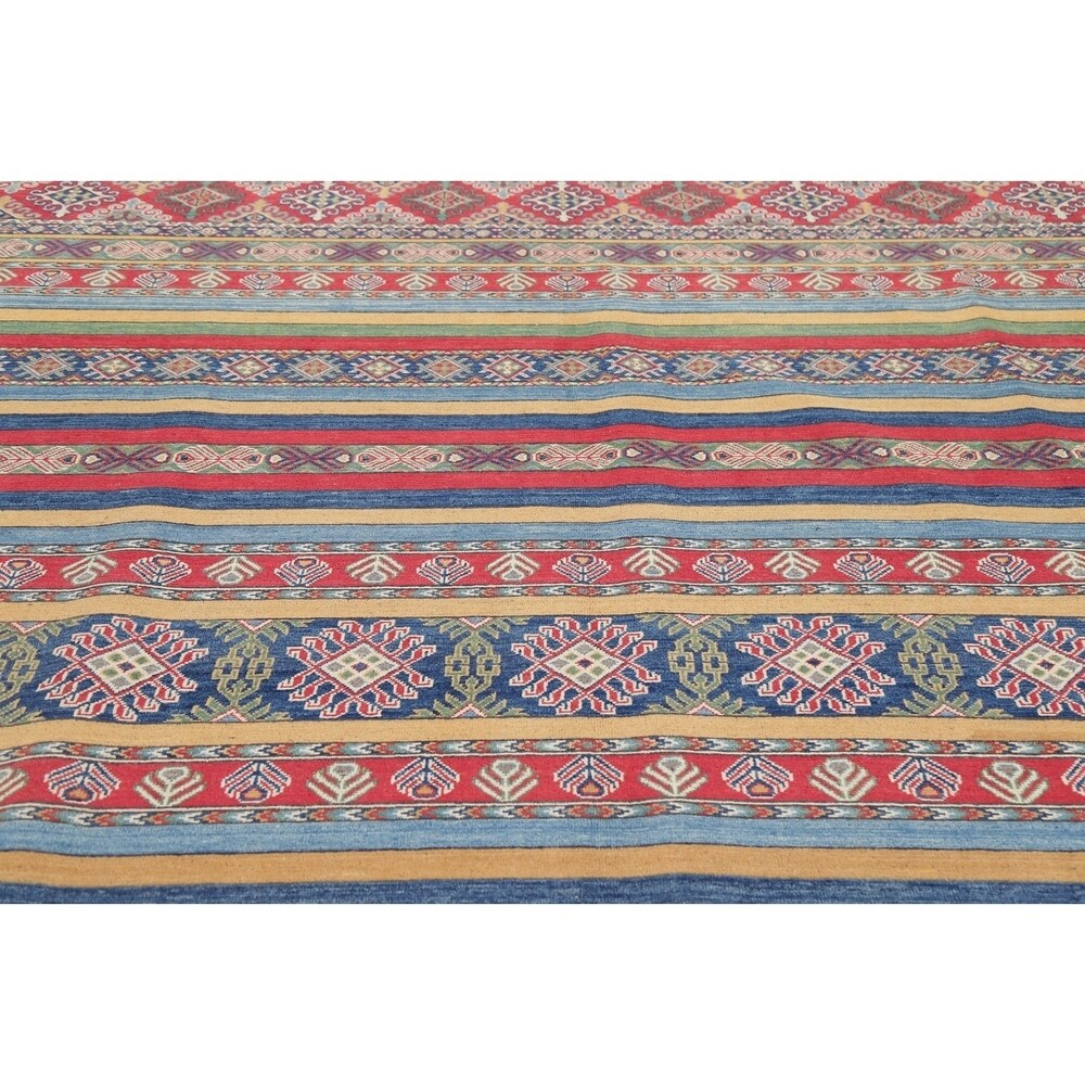 Pastel Color Stripe Super Kazak Geometric Oriental Area Rug Handmade - 9'2" x 11'8"