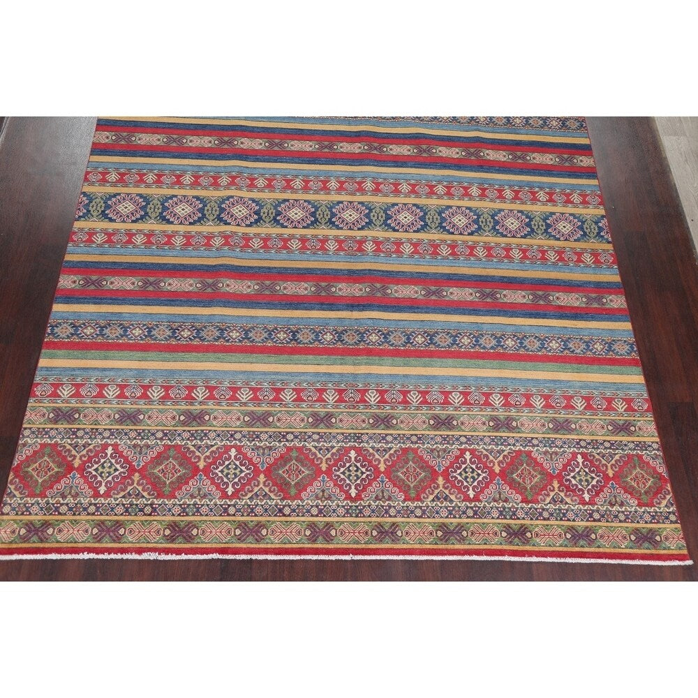 Pastel Color Stripe Super Kazak Geometric Oriental Area Rug Handmade - 9'2" x 11'8"