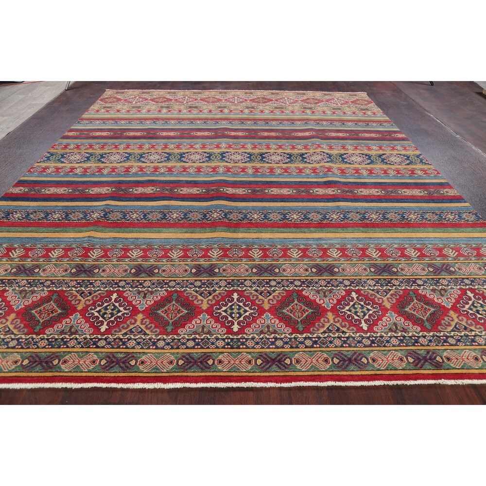 Pastel Color Stripe Super Kazak Geometric Oriental Area Rug Handmade - 9'2" x 11'8"
