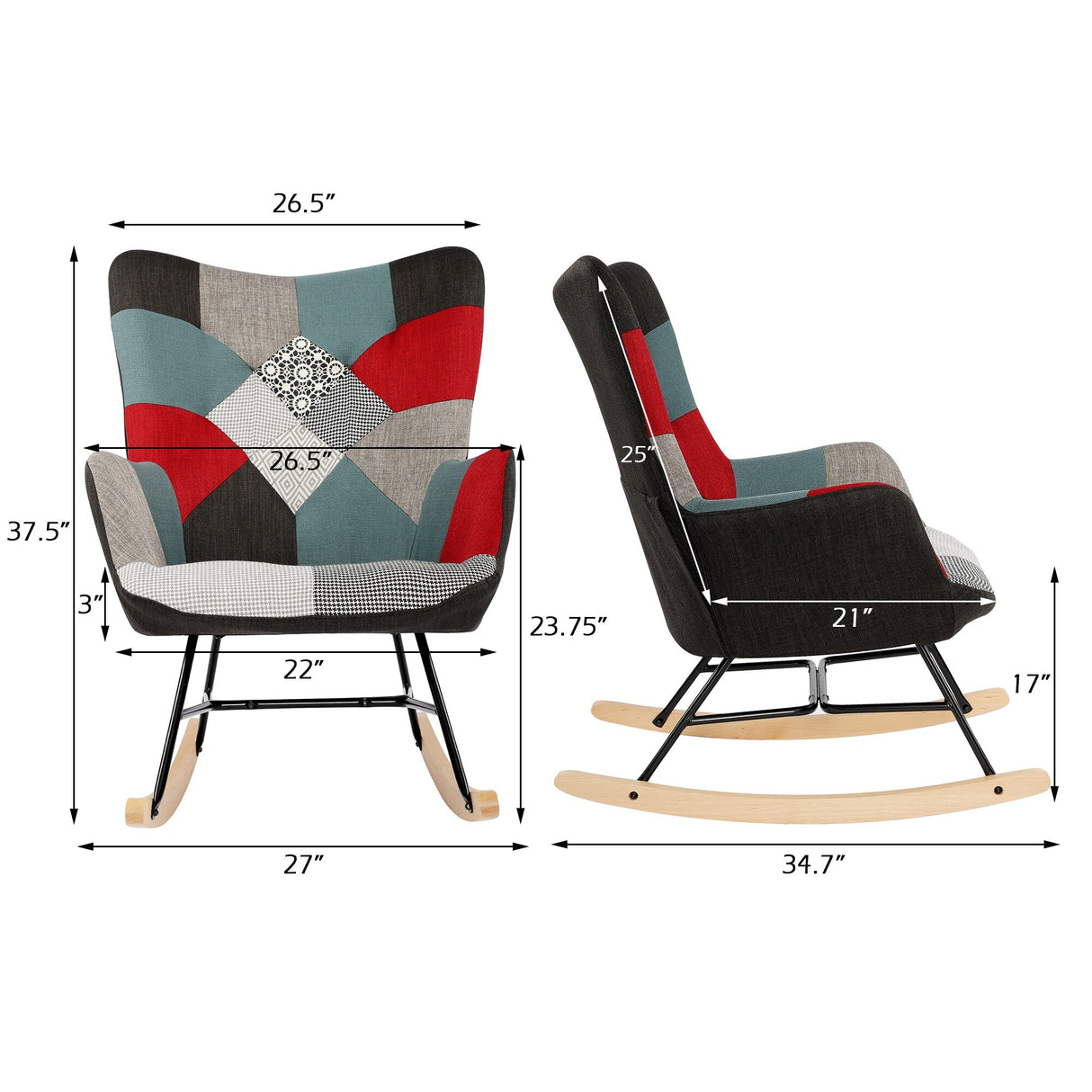 Patchwork Rocking Chair Upholstered Recliner Comfy Accent Chair