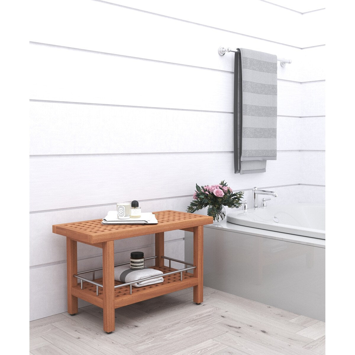 Patented Grate Teak & Stainless Shower Bench with Shelf