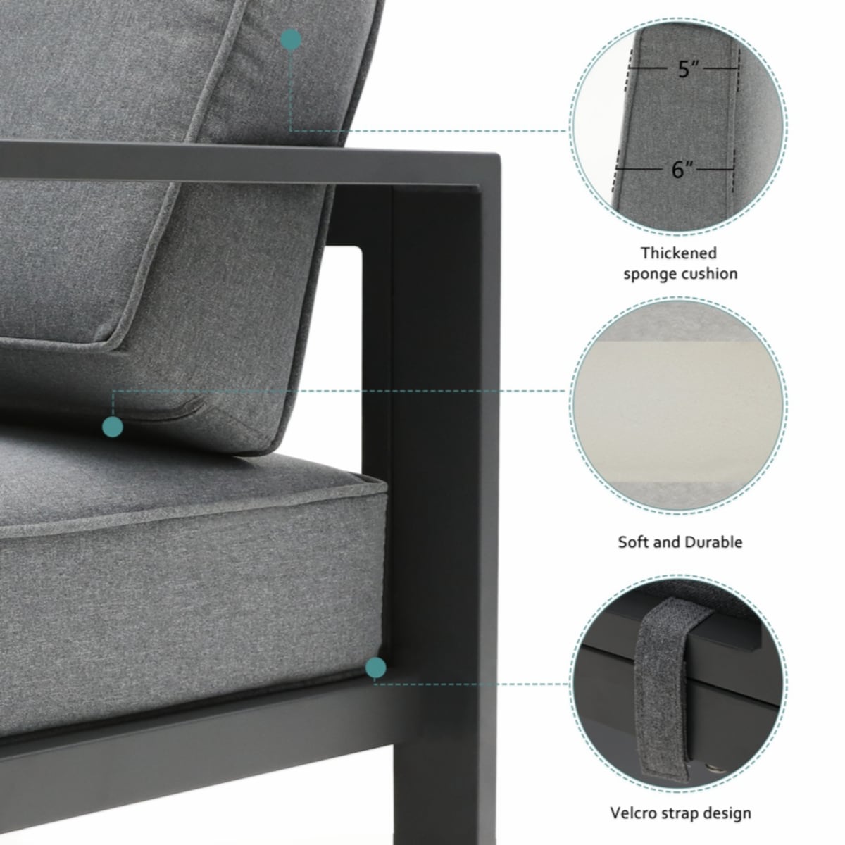 Patio 2 Seat Modern Small Sectional Couches Aluminum Dark Grey Sofa With End Side Coffee Table Outdoor