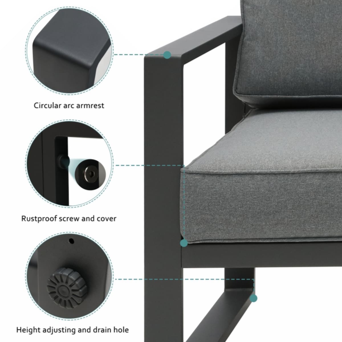 Patio 2 Seat Modern Small Sectional Couches Aluminum Dark Grey Sofa With End Side Coffee Table Outdoor
