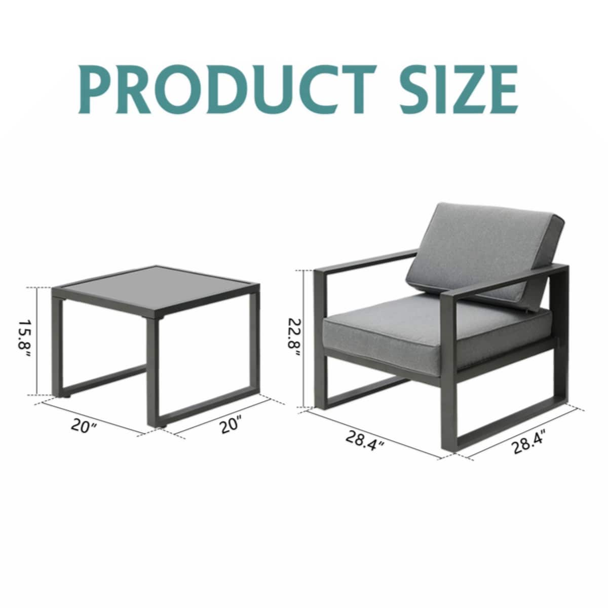 Patio 2 Seat Modern Small Sectional Couches Aluminum Dark Grey Sofa With End Side Coffee Table Outdoor