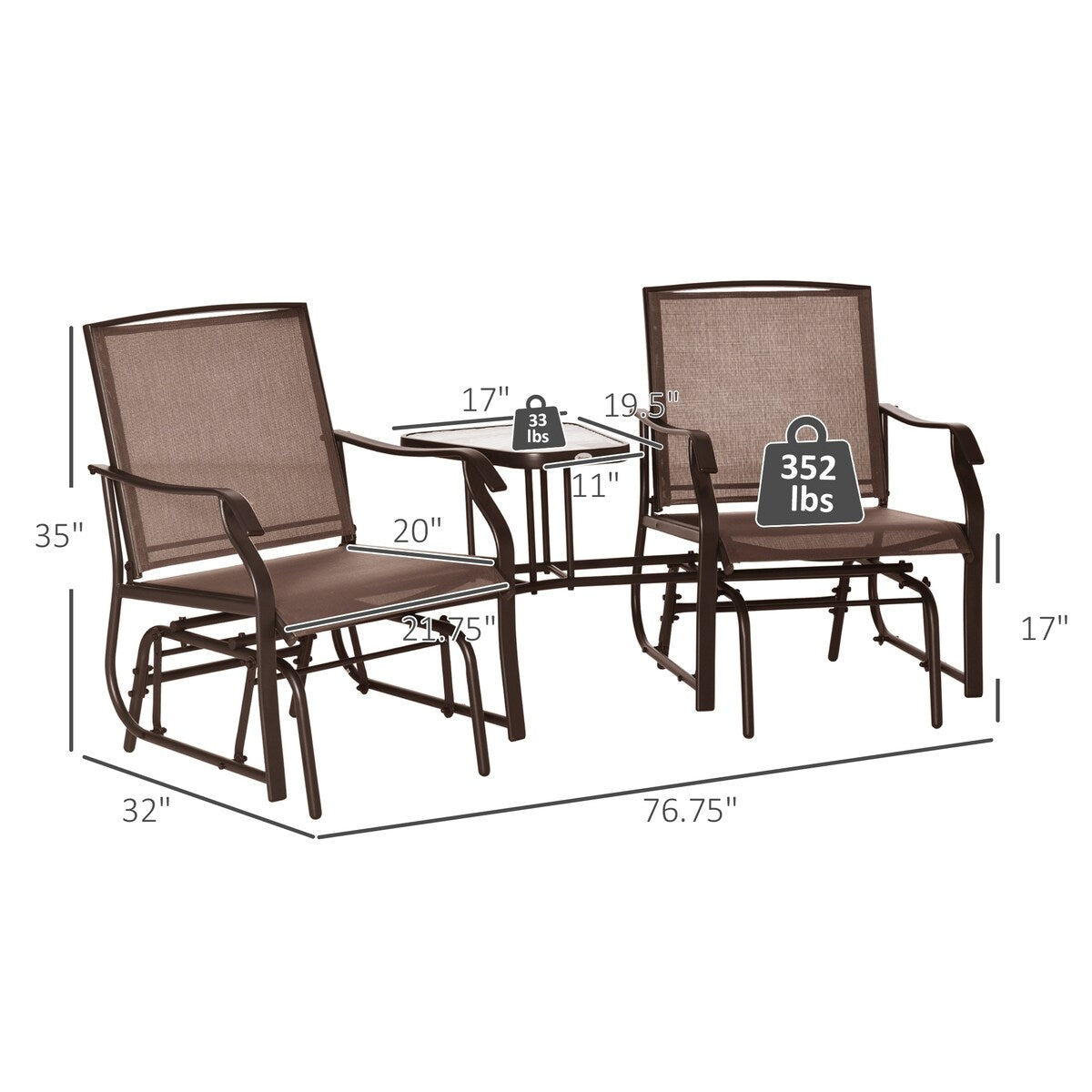 Patio 2-Seat Rocking Chair Swing Loveseat with Coffee Table