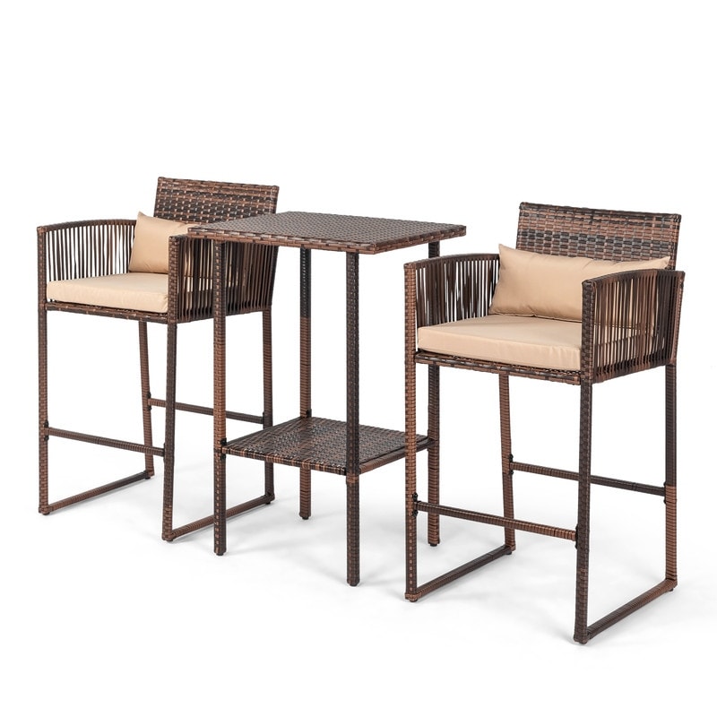 Patio 3-Piece PE Wicker Bar Set with Cushions