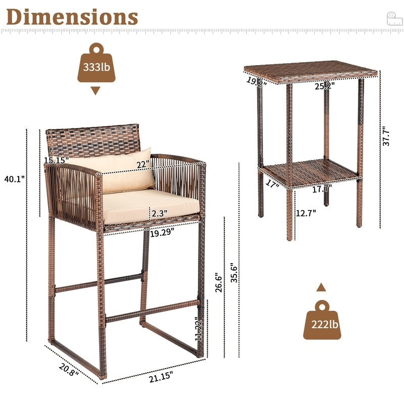 Patio 3-Piece PE Wicker Bar Set with Cushions