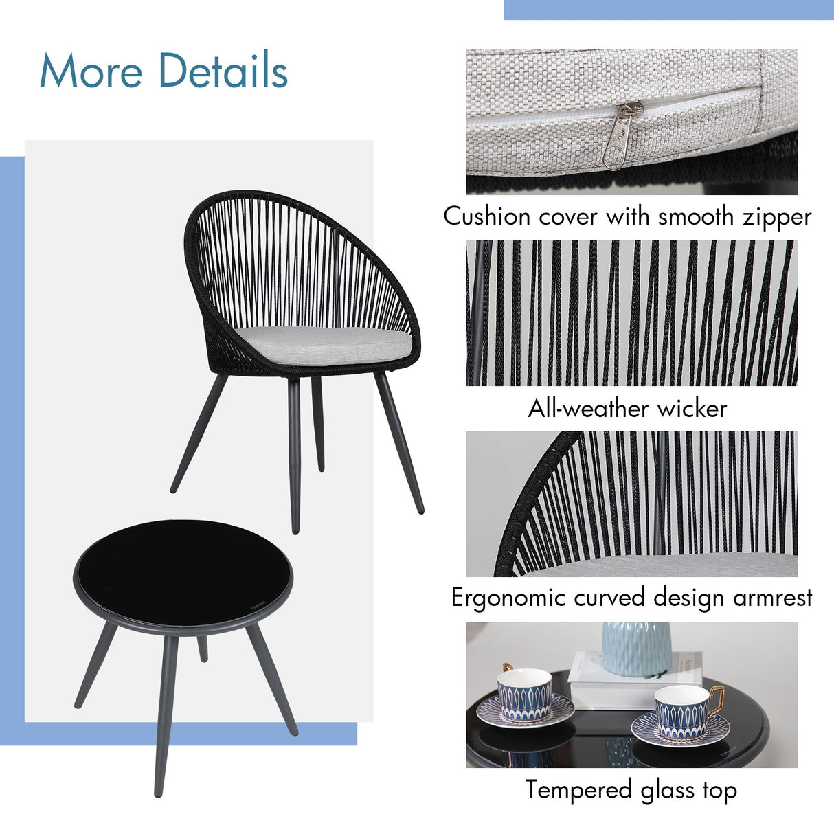 Patio 3 Pieces Cushioned Wicker Bistro Set Rattan Chair Set with Coffee Table