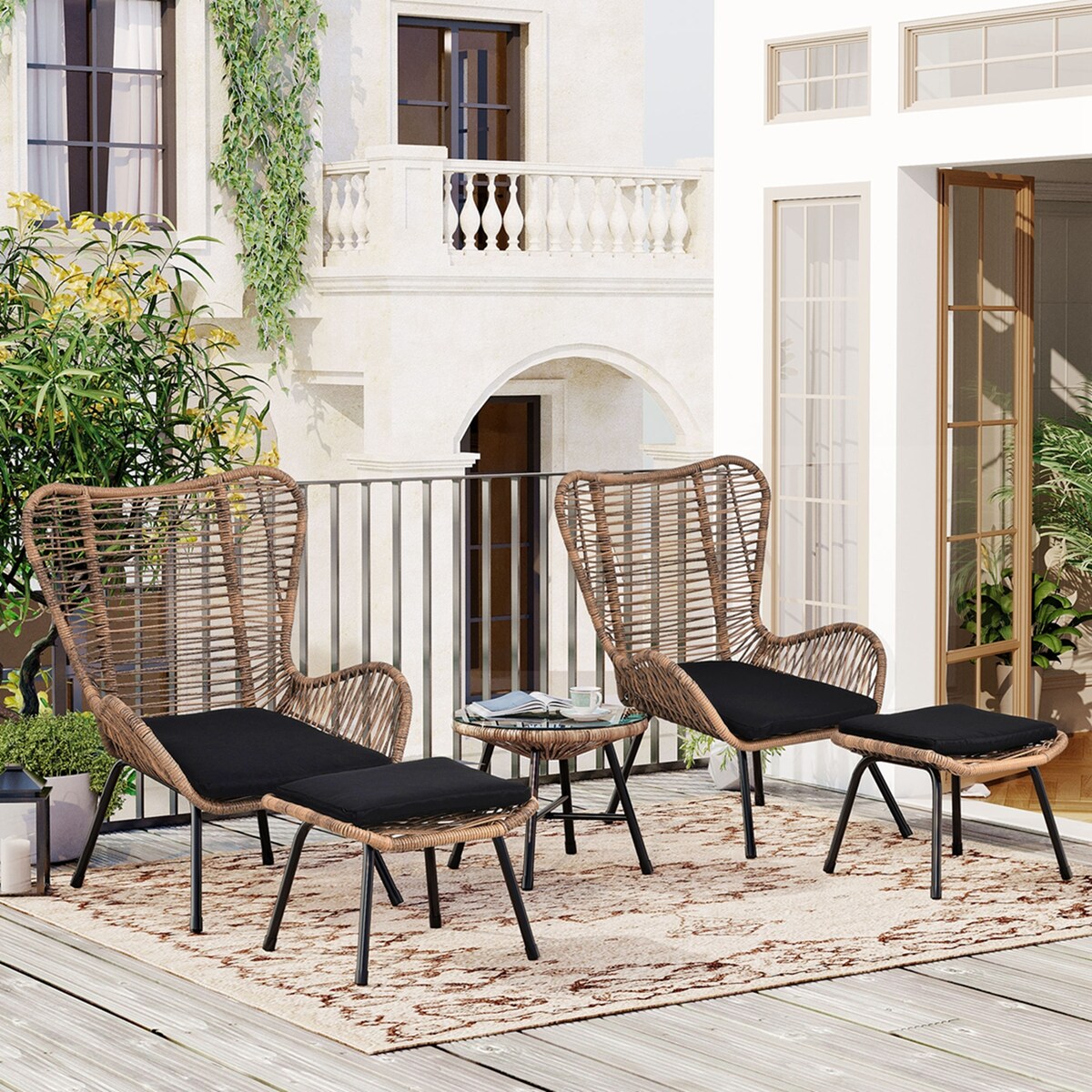 Patio 5-Piece Rattan Conversation Set with Stools