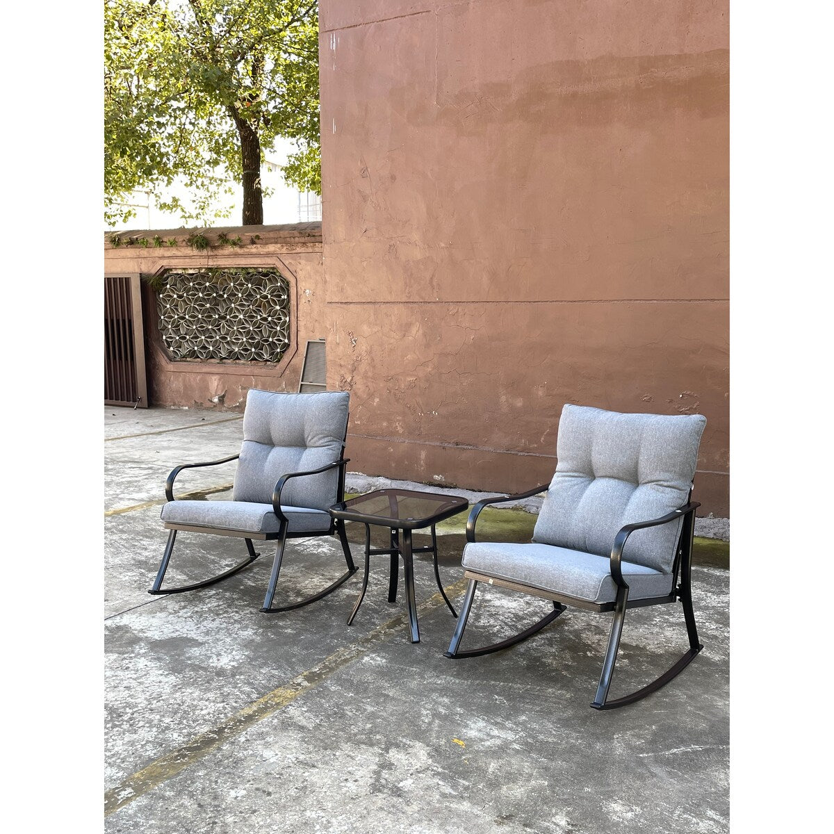 Patio Chairs Swivel Rocker and Teapot Sets, 3 Piece Outdoor Furniture, for Backyard, Deck, Porch, and Balcony Decoration