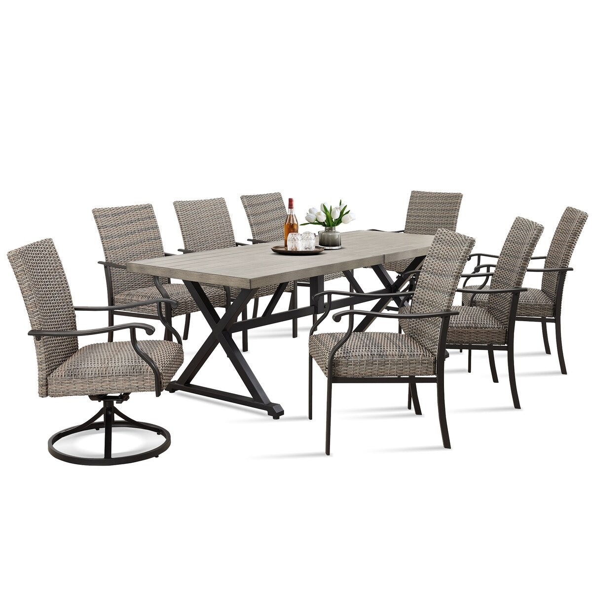 Patio Dining Set with 6 Wicker Arm Chairs, 2 Swivel Chairs and 1 Table