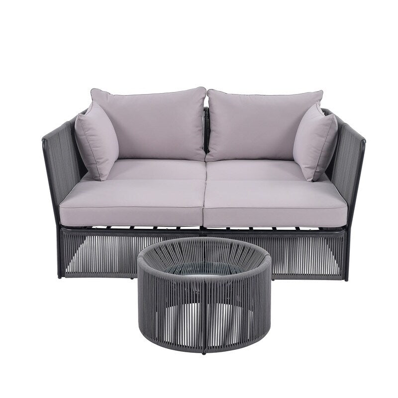Patio Double Chaise Lounge Daybed with Coffee Table, Beige+Natural