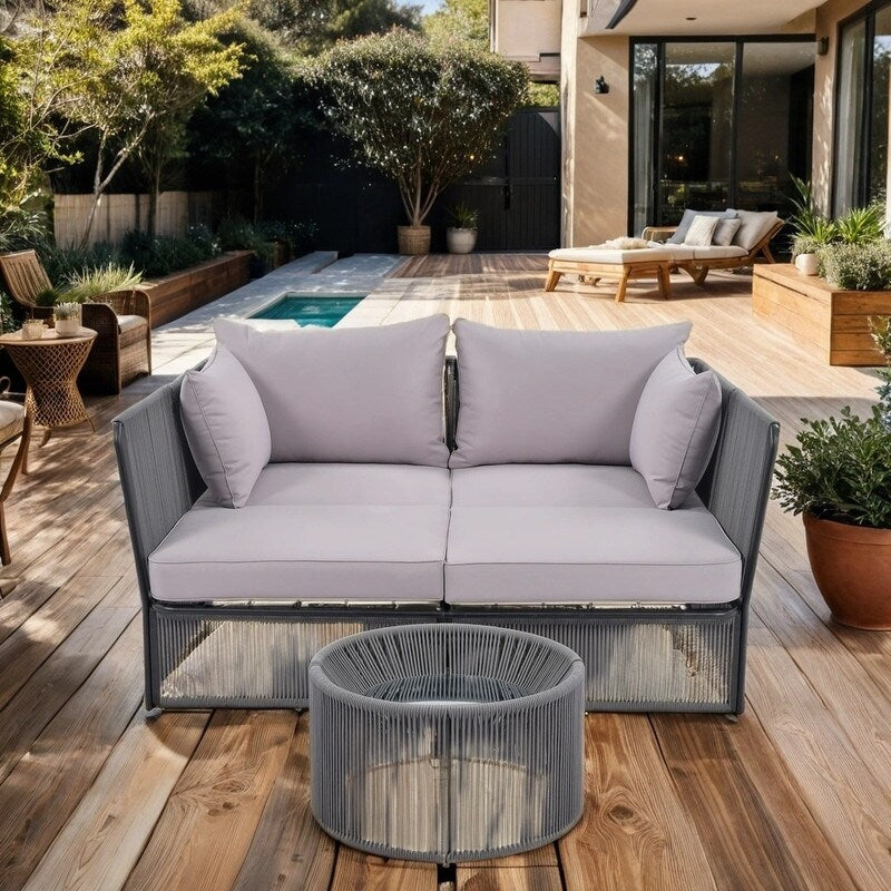 Patio Double Chaise Lounge Daybed with Coffee Table, Beige+Natural