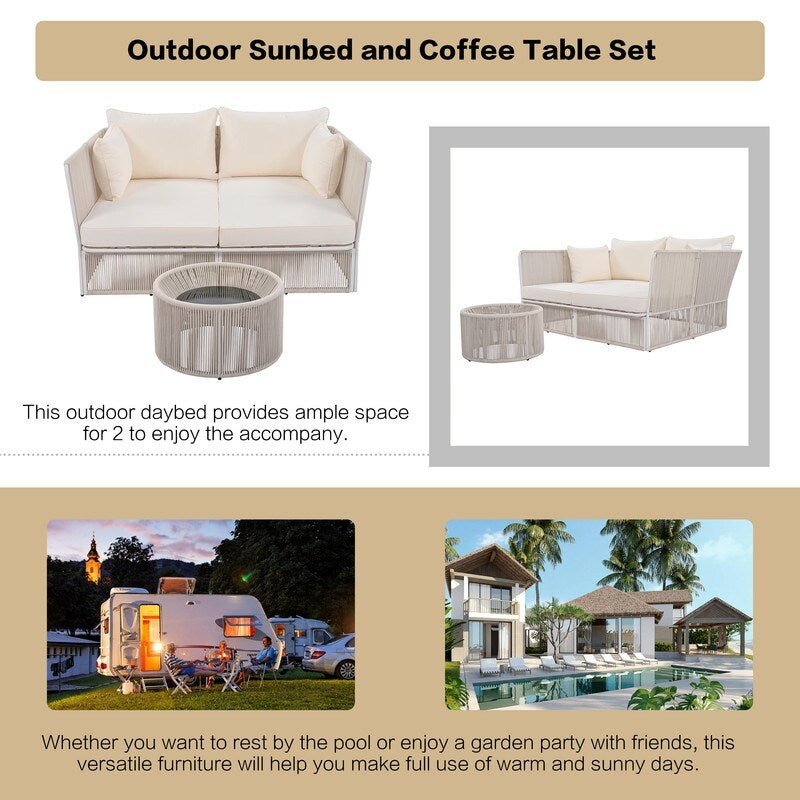 Patio Double Chaise Lounge Daybed with Coffee Table, Beige+Natural
