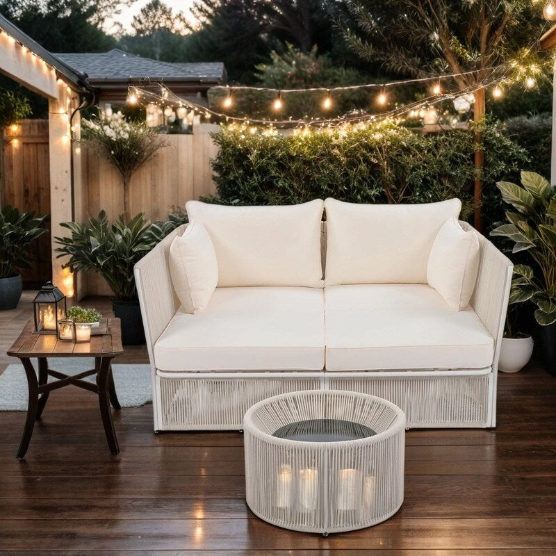 Patio Double Chaise Lounge Daybed with Coffee Table, Beige+Natural