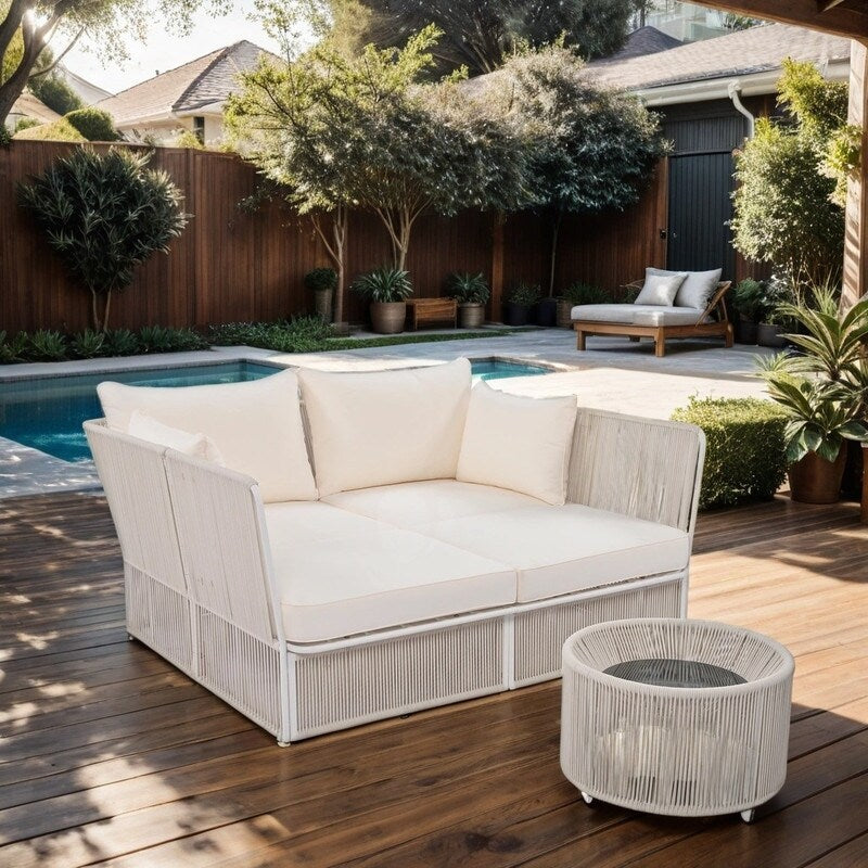 Patio Double Chaise Lounge Daybed with Coffee Table, Beige+Natural