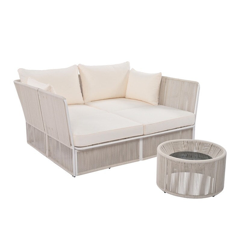 Patio Double Chaise Lounge Daybed with Coffee Table, Beige+Natural